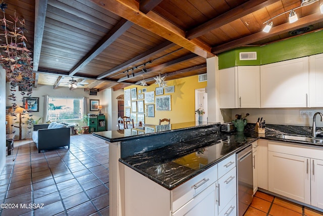 kitchen with kitchen peninsula, stainless steel dishwasher, white cabinets, and sink