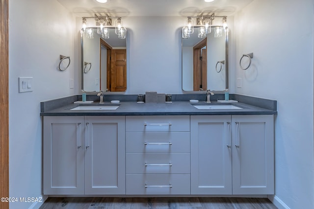 bathroom with hardwood / wood-style flooring and dual bowl vanity