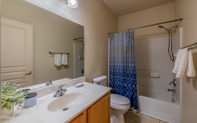 full bathroom featuring vanity, tile patterned floors, shower / bath combo, and toilet