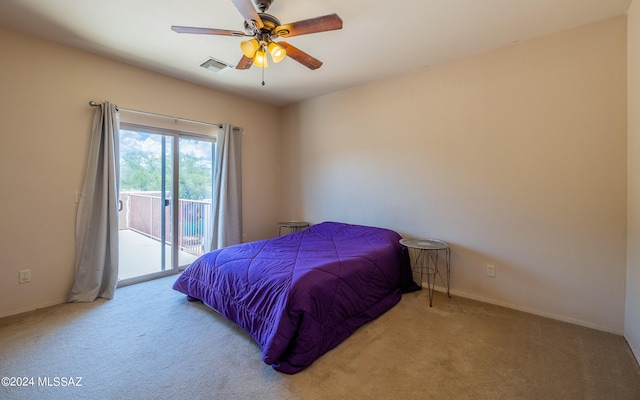 bedroom with access to outside, light carpet, and ceiling fan