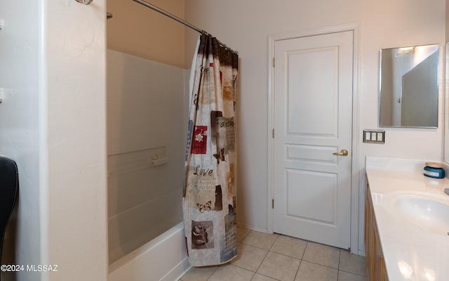 bathroom featuring shower / tub combo, tile patterned flooring, and vanity