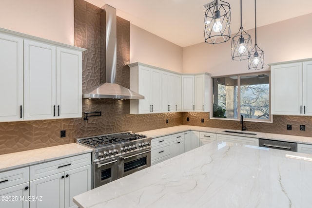 2102 N Corte El Rancho Merlita, Tucson, AZ 85715 - kitchen with stainless steel appliances, a sink, wall chimney exhaust hood, and white cabinets