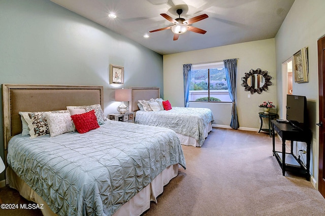 bedroom with light colored carpet and ceiling fan