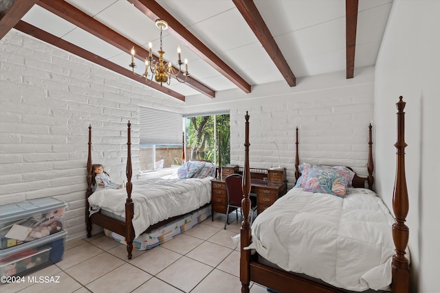 tiled bedroom featuring a notable chandelier, vaulted ceiling with beams, and brick wall