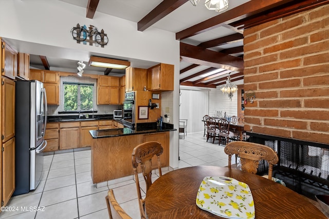 kitchen featuring light tile patterned floors, backsplash, a chandelier, and stainless steel fridge with ice dispenser