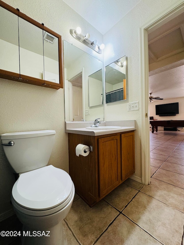 bathroom with ceiling fan, toilet, tile patterned floors, and vanity