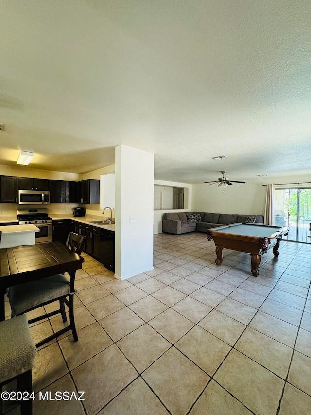 rec room featuring sink, billiards, light tile patterned floors, and ceiling fan