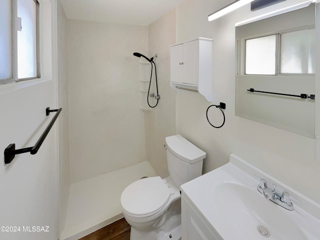 bathroom with hardwood / wood-style floors, vanity, toilet, and a shower