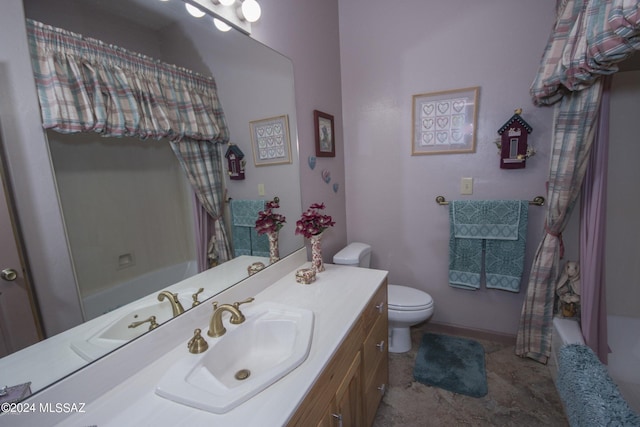 full bathroom with vanity, toilet, and shower / bath combo with shower curtain