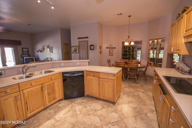 kitchen featuring decorative light fixtures, black appliances, sink, an inviting chandelier, and light tile patterned floors