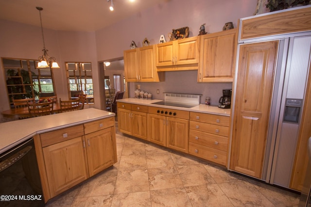 kitchen with hanging light fixtures, light brown cabinets, a notable chandelier, and black appliances