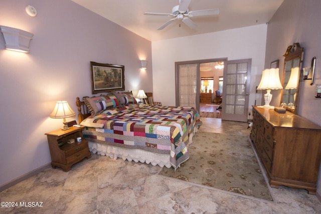 bedroom with light tile patterned flooring, french doors, and ceiling fan