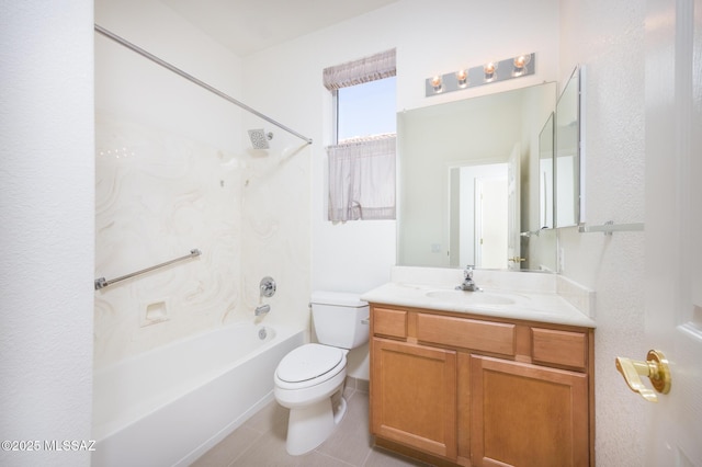 full bath with shower / bathtub combination, toilet, tile patterned floors, and vanity