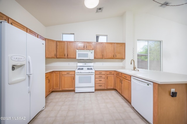 kitchen featuring a sink, white appliances, high vaulted ceiling, a peninsula, and visible vents