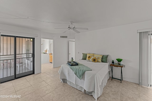 tiled bedroom with access to outside and ceiling fan