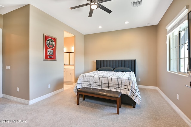 bedroom featuring visible vents, recessed lighting, baseboards, and carpet