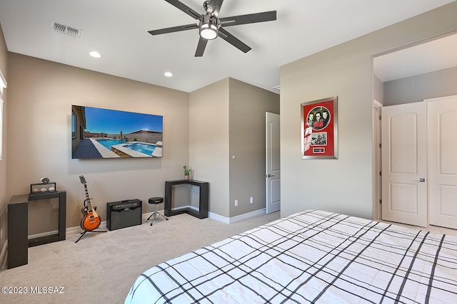 carpeted bedroom featuring visible vents, recessed lighting, baseboards, and ceiling fan