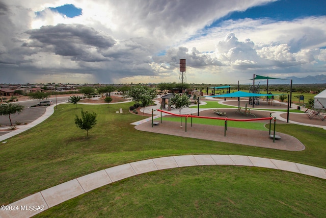 view of playground featuring a gazebo and a lawn