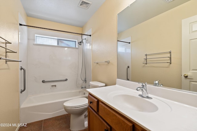 full bathroom featuring shower / bathtub combination, a textured ceiling, toilet, tile patterned flooring, and vanity