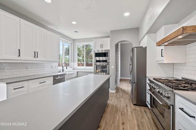 kitchen featuring premium range hood, white cabinets, sink, light hardwood / wood-style flooring, and stainless steel appliances