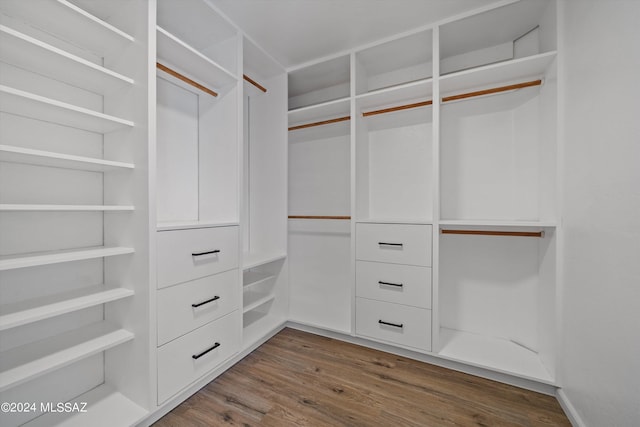 spacious closet with dark hardwood / wood-style flooring