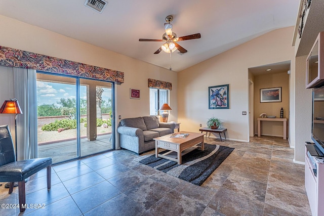 living area with visible vents, vaulted ceiling, baseboards, and ceiling fan