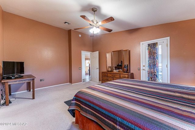 bedroom featuring a ceiling fan, baseboards, visible vents, and carpet flooring