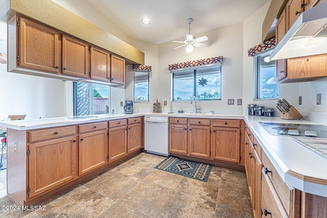 kitchen with dishwasher, a peninsula, light countertops, under cabinet range hood, and a sink