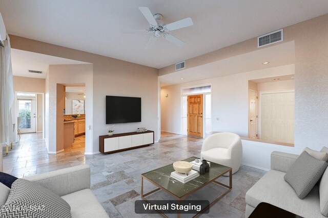 living room with ceiling fan