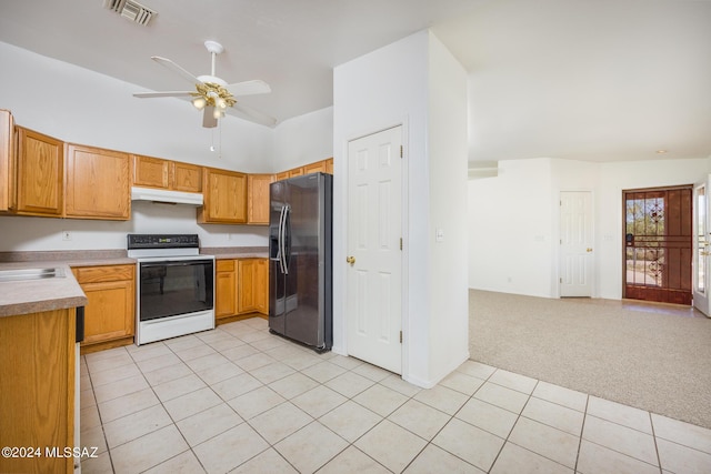 kitchen with white electric range, sink, stainless steel fridge with ice dispenser, light carpet, and ceiling fan