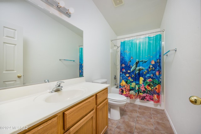 full bathroom featuring shower / tub combo with curtain, vanity, toilet, and tile patterned flooring