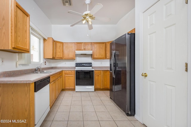 kitchen featuring sink, stainless steel fridge with ice dispenser, light tile patterned floors, dishwasher, and range with electric cooktop