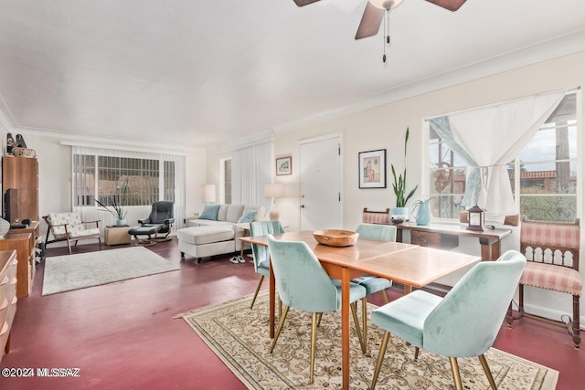 dining space featuring plenty of natural light, ceiling fan, and crown molding