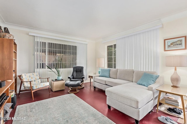 living room featuring crown molding and wood-type flooring