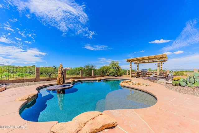 view of pool with a patio, a fenced backyard, a fenced in pool, and a pergola