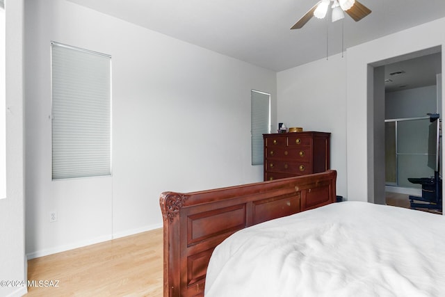 bedroom featuring ceiling fan and light wood-type flooring