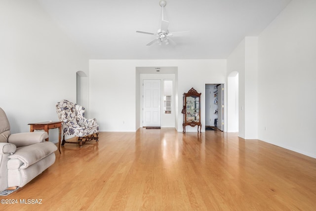 interior space featuring ceiling fan and light wood-type flooring