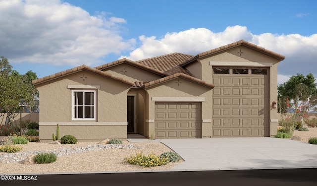 view of front facade featuring a garage, driveway, a tiled roof, and stucco siding