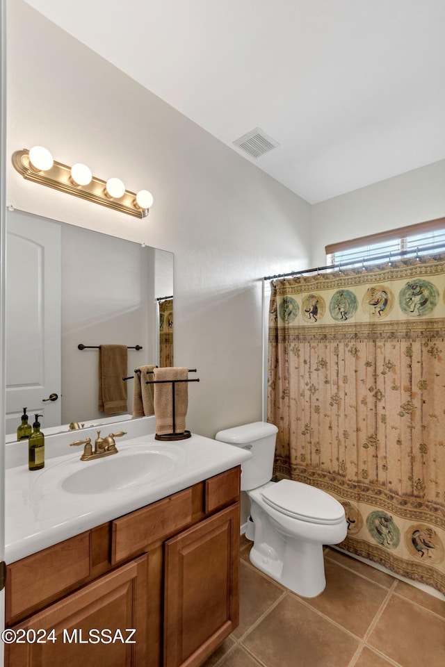 full bathroom with toilet, visible vents, tile patterned flooring, a shower with shower curtain, and vanity