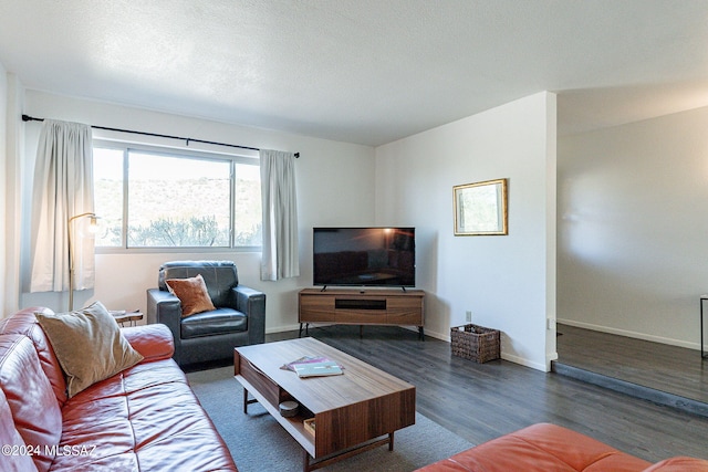 living room with dark hardwood / wood-style floors and a textured ceiling