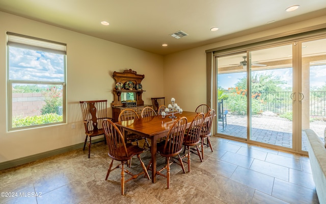 dining room with visible vents, recessed lighting, baseboards, and ceiling fan