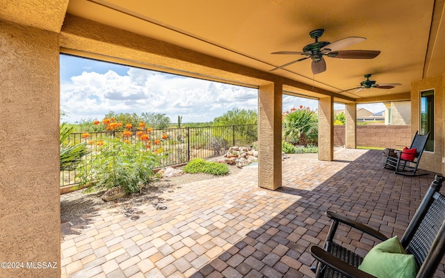 view of patio / terrace featuring a ceiling fan and a fenced backyard