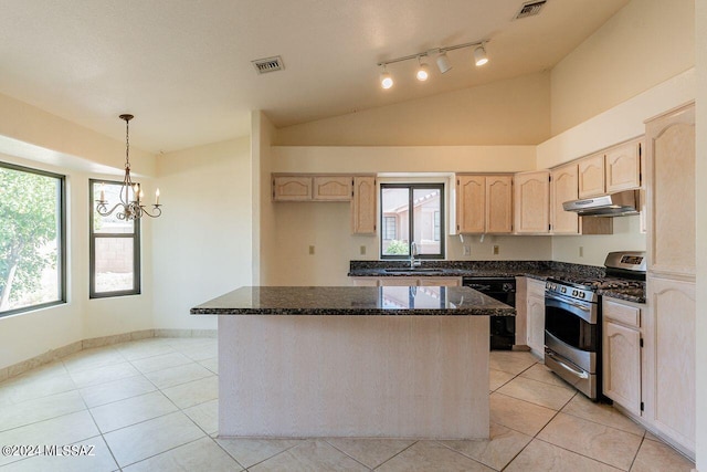 kitchen with dishwasher, sink, stainless steel gas range, rail lighting, and a center island