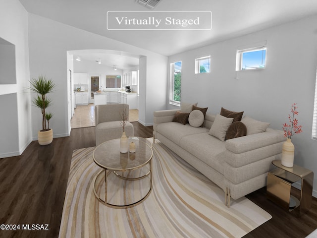 living room with lofted ceiling and dark wood-type flooring