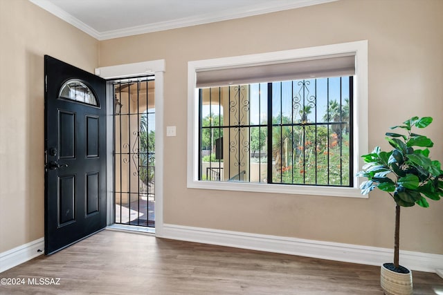 entrance foyer with hardwood / wood-style floors and ornamental molding