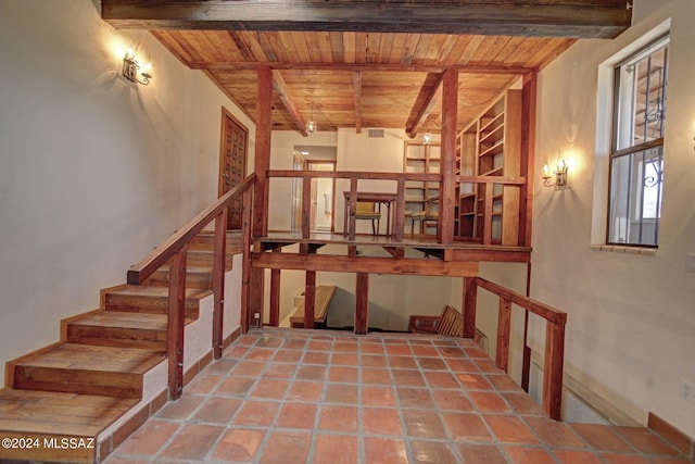 interior space with beam ceiling, wood ceiling, and tile patterned flooring