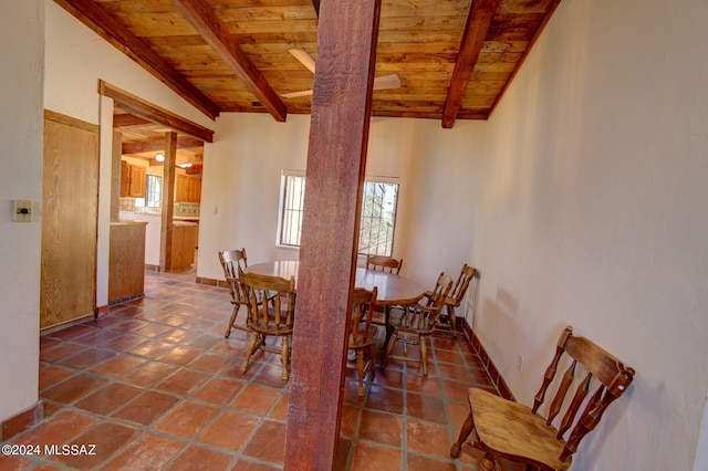 dining room featuring tile patterned flooring, beam ceiling, and wooden ceiling