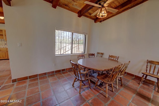 tiled dining space with wood ceiling, ceiling fan, and beamed ceiling