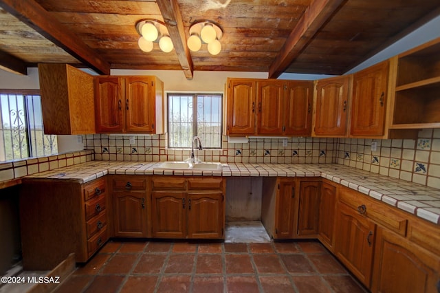 kitchen with backsplash, wood ceiling, and tile counters