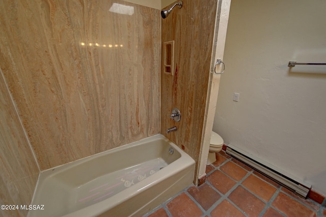 bathroom with tile patterned flooring, toilet, shower / bathtub combination, and a baseboard radiator